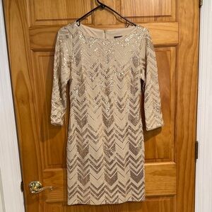 Vince Camuto Beige Sequin Chevron Long-Sleeve Sheath Dress